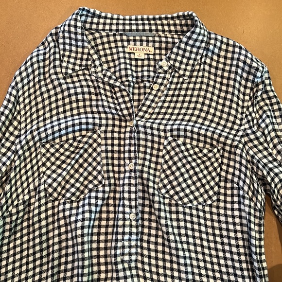 🍄3/$20 SzL Merona Black & White Buffalo Check 3/4 Button Flannel - Picture 3 of 3